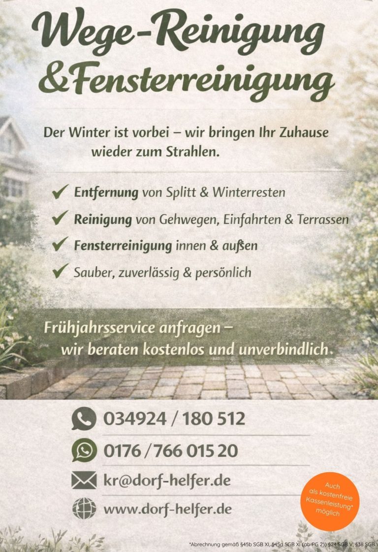 Frühjahrs-Aktion: Der Winter ist vorbei! Angebot für Wege- und Fensterreinigung und Frühjahrsputz mit Kontaktdaten.