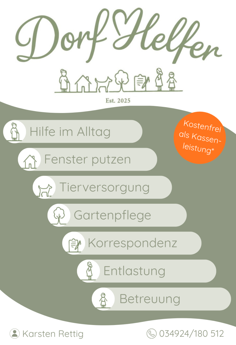 Flyer DorfHelfer DorfHelfer-Dienstleistungen wie Gartenpflege, Unterstützung im Alltag, Tierversorgung.